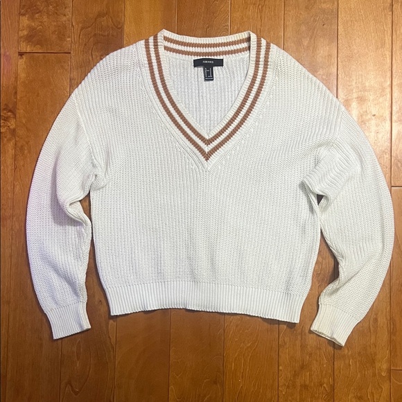 Forever 21 Sweaters - Forever 21 V-Neck Varsity Sweater Size M Cream Striped Collar Preppy Academia